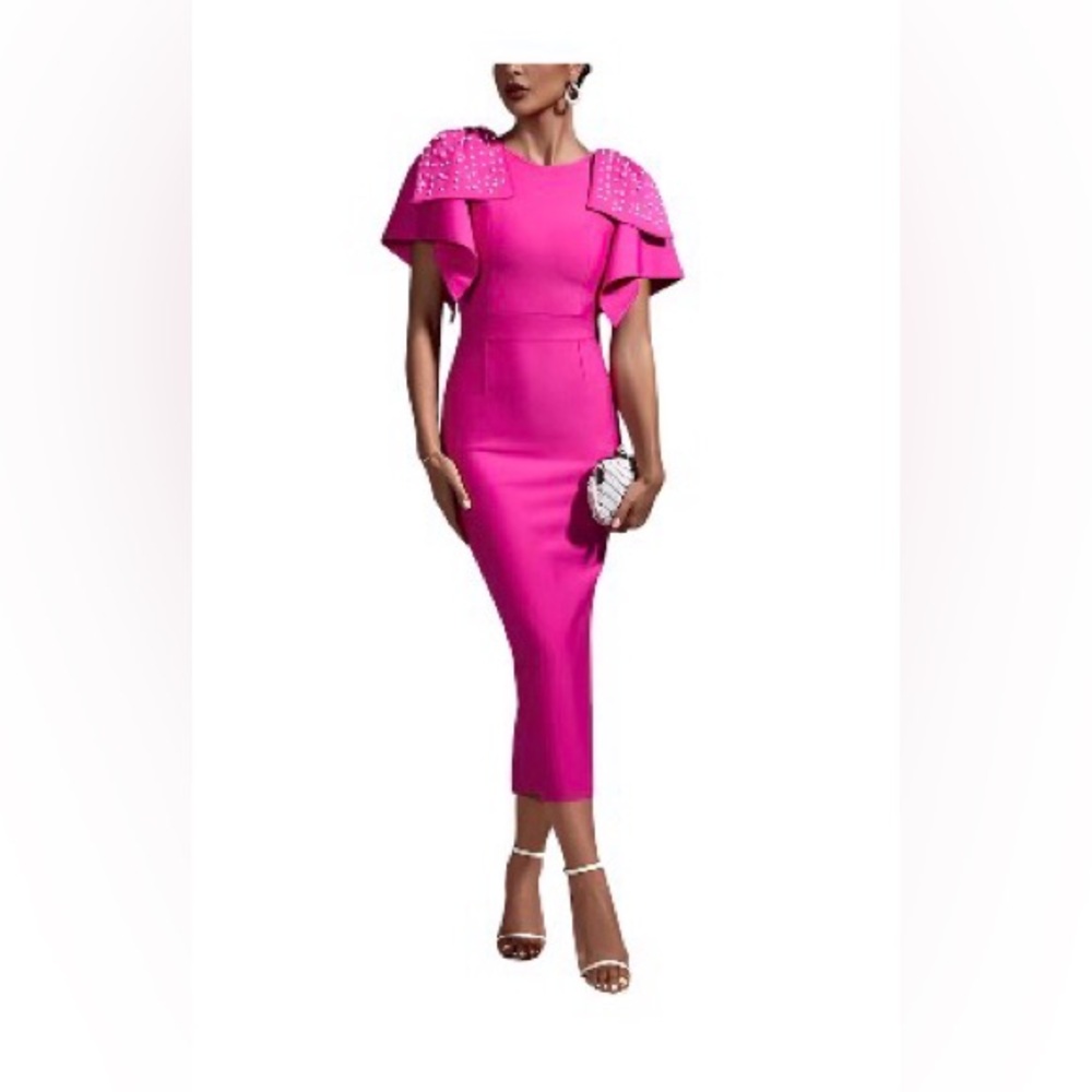 Chic Fuchsia Midi Dress with Embellished Cape Sleeves Pearls , Size 6